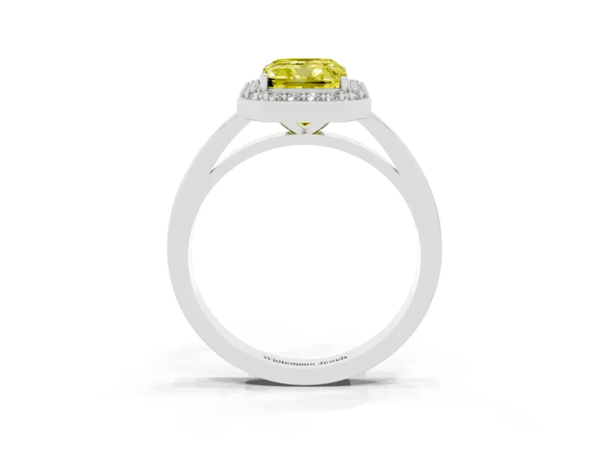 Fancy Yellow Radiant Cut Halo Diamond Ring with Solitaire Band and Prong Setting Silver