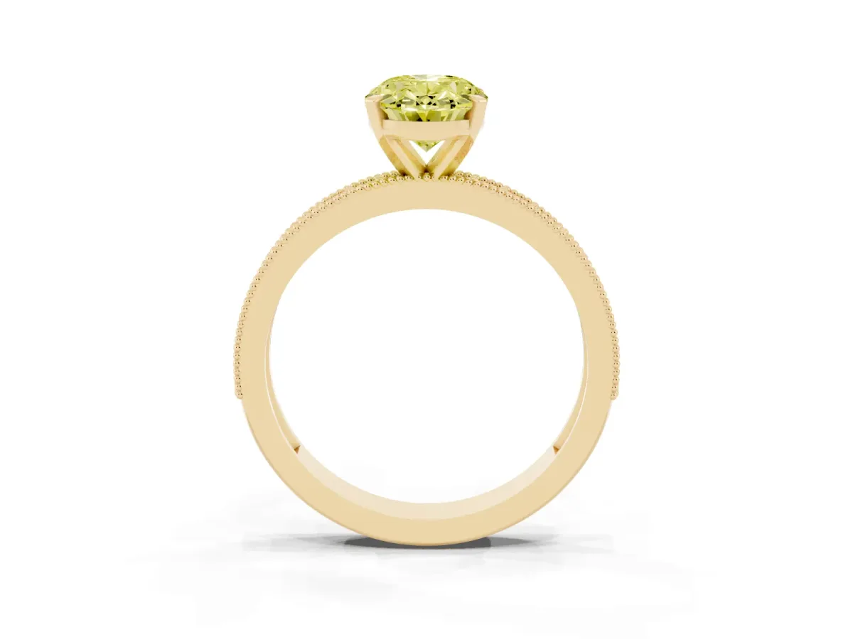 Fancy Yellow Oval Cut Diamond Milgrain Pavé Engagement Ring with Four-Prong Setting Yellow gold
