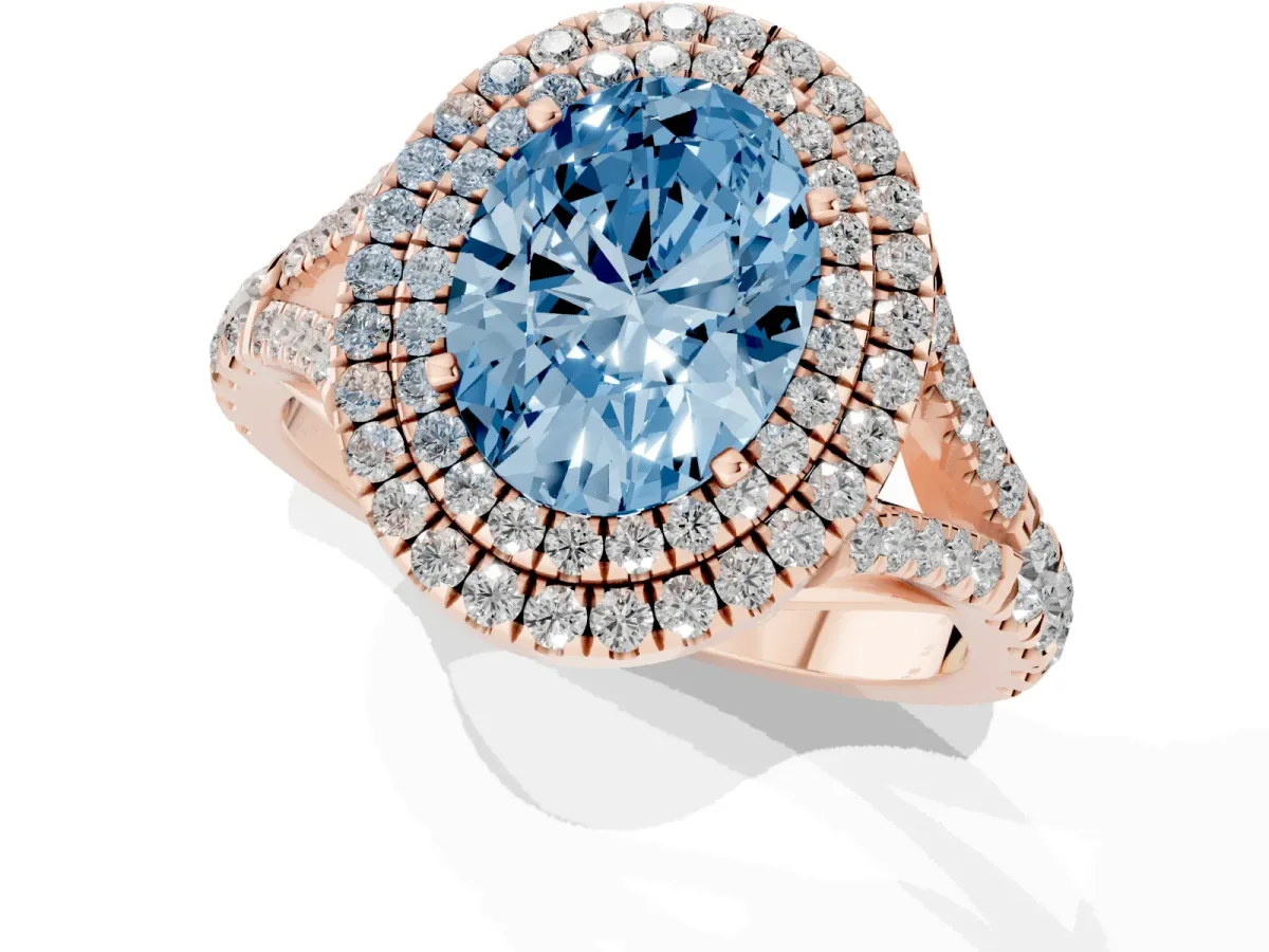 Fancy Blue Oval Cut Diamond Pavé Split Shank Double Halo Engagement Ring Rose gold