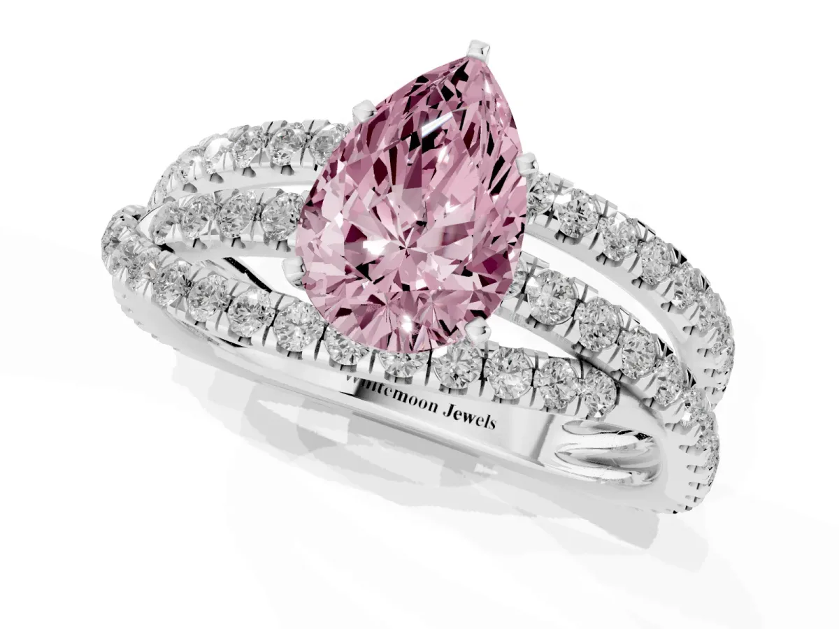 Fancy Pink Pear Cut Solitaire Twist Band with Pavé Setting and Four-Prong Setting Silver