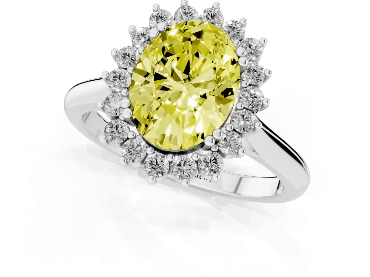 Fancy Yellow Oval Cut Cut Diamond Halo Ring with Solitaire Band and Prong Setting Platinum