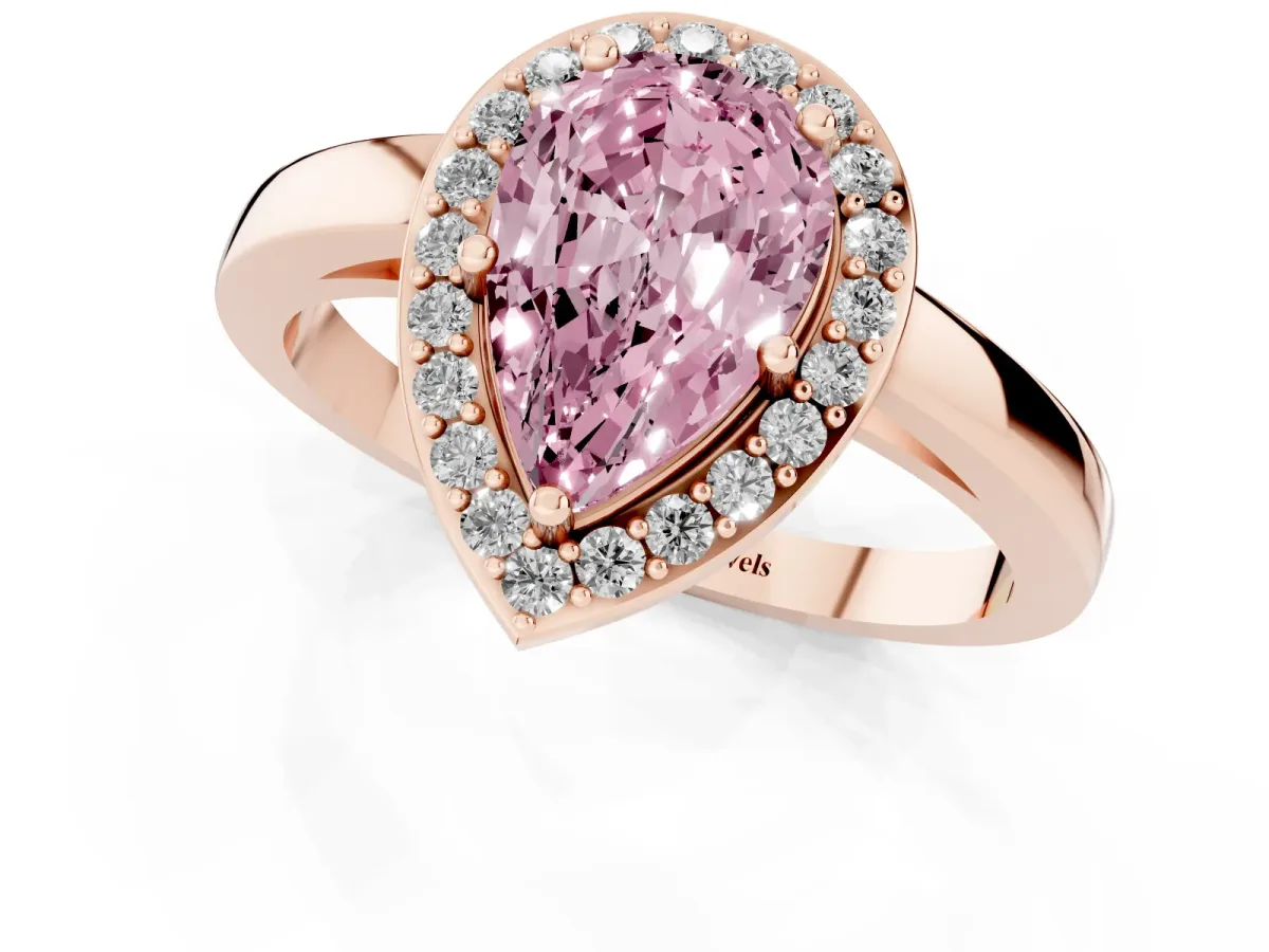 Fancy Pink Pear Cut Halo Diamond Ring with Solitaire Band and Prong Setting Rose gold