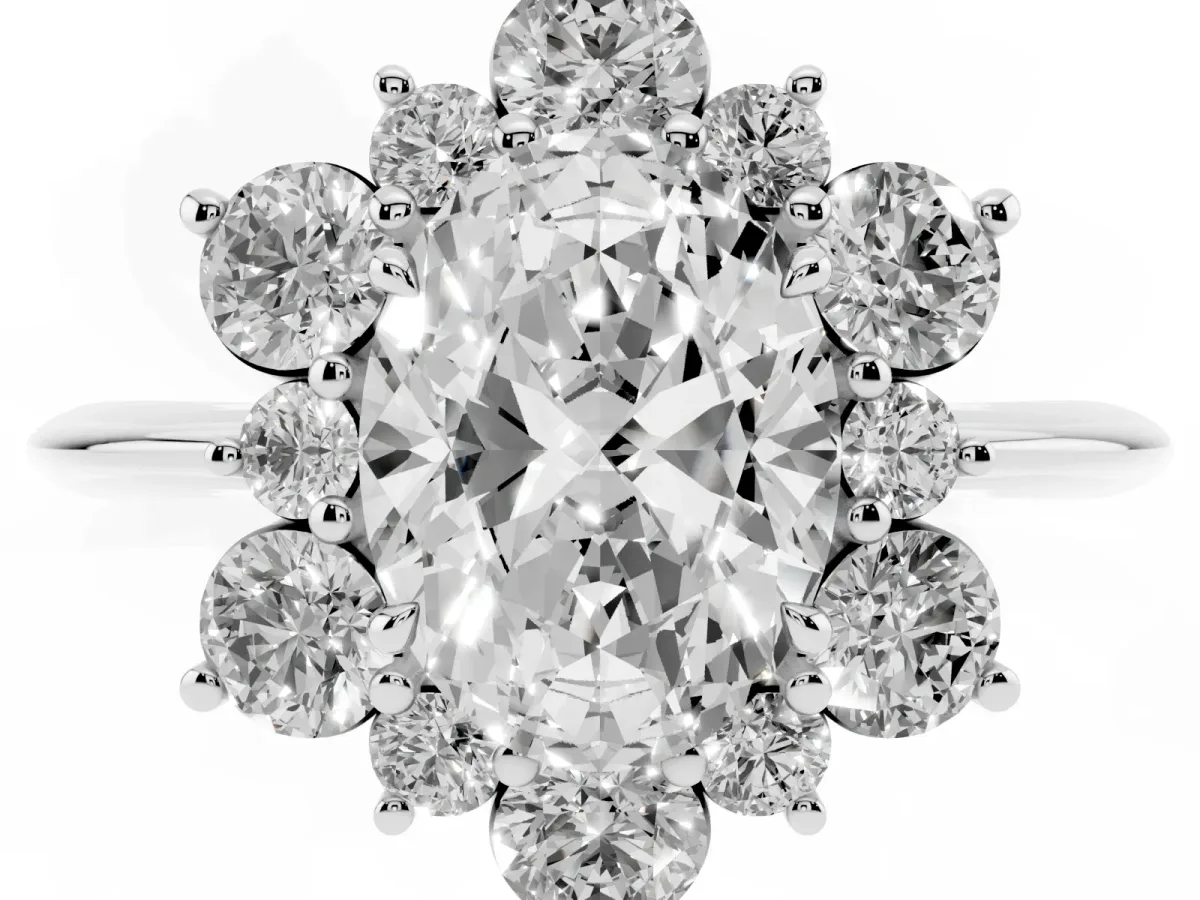 Oval Cut Diamond Cluster Halo Ring with Solitaire Band and Four-Prong Setting Silver
