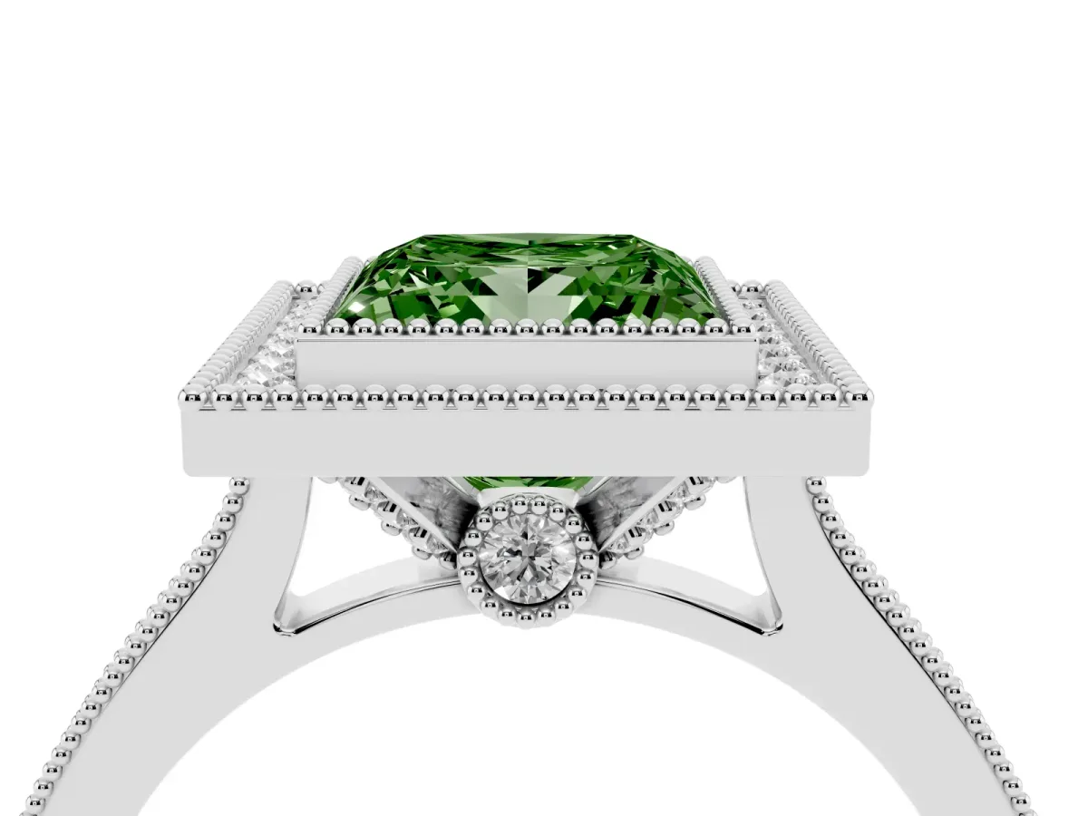 Fancy Green Halo Princess Cut-Cut Diamond Pave Band Milgrain Prong Setting Ring Silver