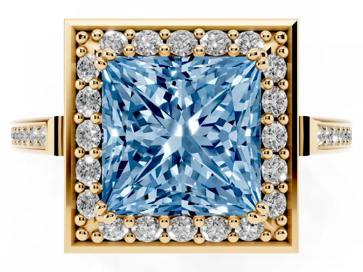 Fancy Blue Princess Cut Diamond Halo Ring with Split Shank and Four-Prong Setting Yellow gold