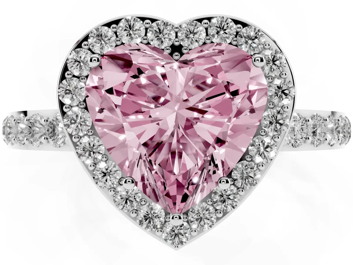Fancy Pink Heart Cut Halo Diamond Pavé Band Ring with Prong Setting Silver