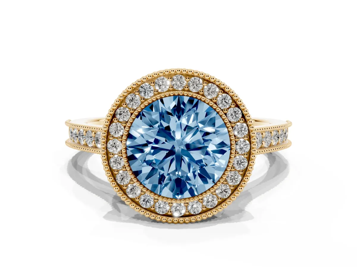 Fancy Blue Halo Round Cut-Cut Diamond Pave Band Milgrain Prong Setting Ring Yellow gold