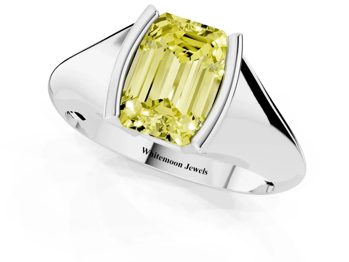 Fancy Yellow Emerald Cut Solitaire Tension Set Diamond Ring Silver