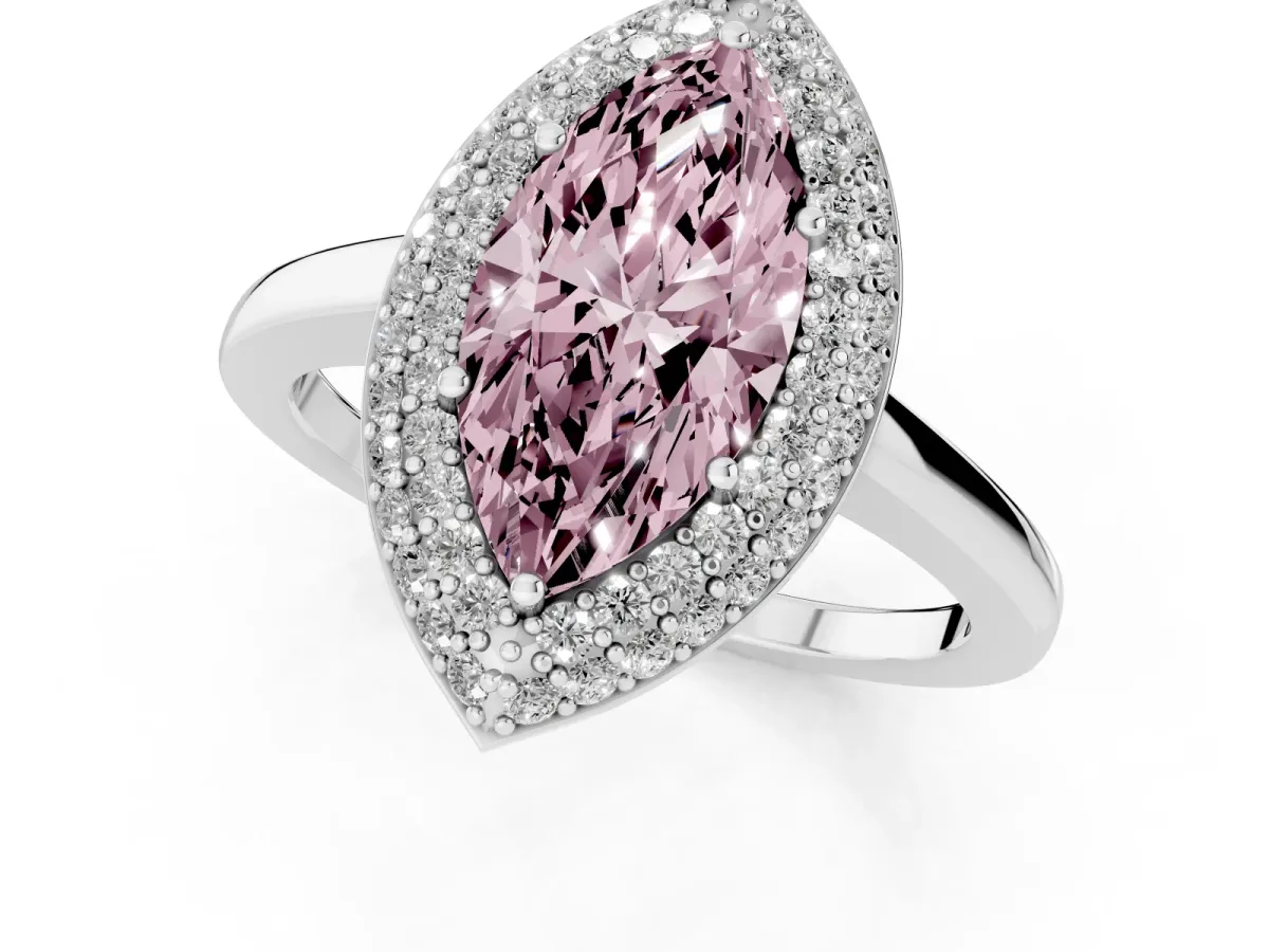 Fancy Pink Marquise Cut Halo Diamond Engagement Ring with Solitaire Band and Four-Prong Setting Platinum
