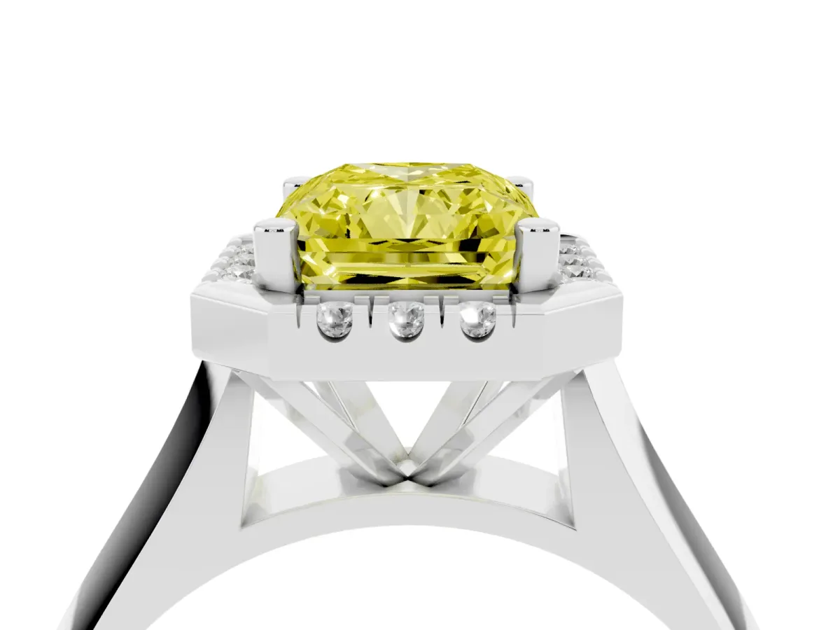 Fancy Yellow Radiant Cut Cut Halo Solitaire Engagement Ring with Square Band and Four-Prong Setting Silver