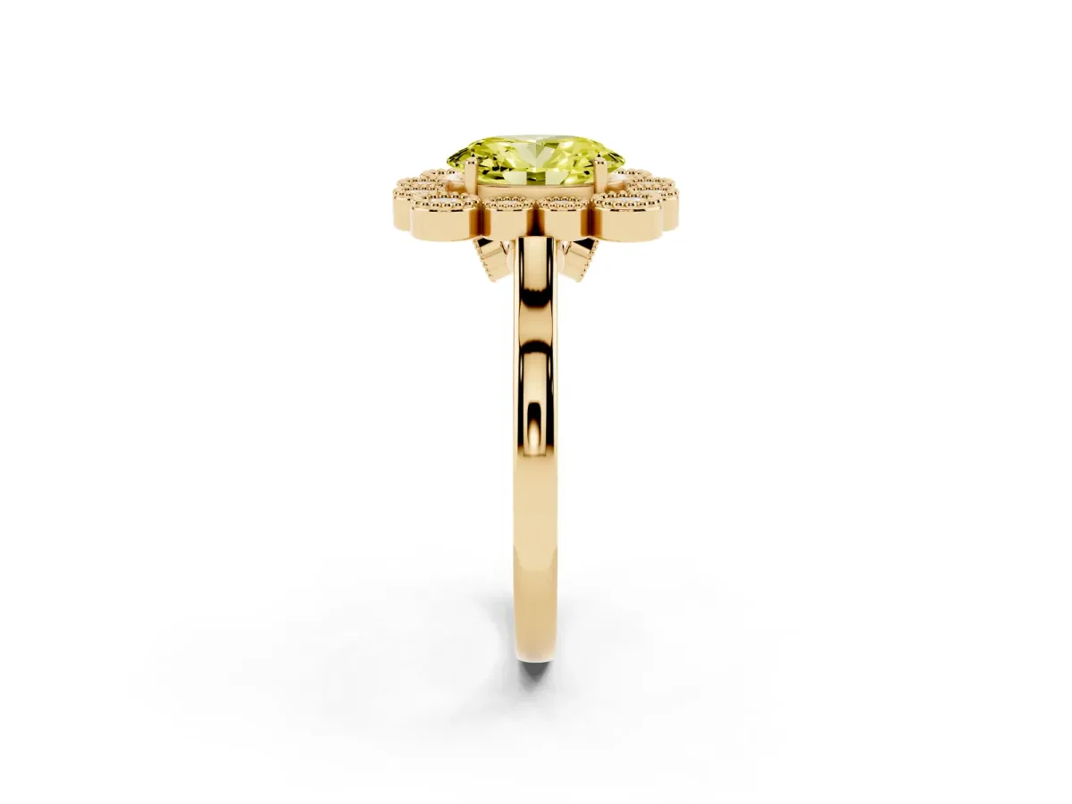 Fancy Yellow Oval Cut Halo Diamond Cluster Engagement Ring with Milgrain Bezel Setting and Solitaire Band Yellow gold