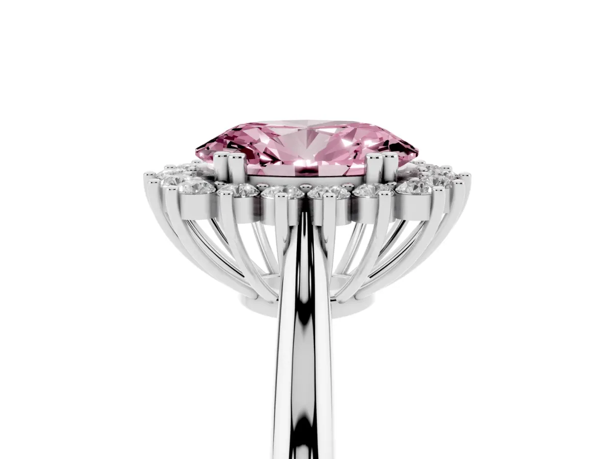 Fancy Pink Oval Cut Cut Diamond Halo Ring with Solitaire Band and Prong Setting Silver