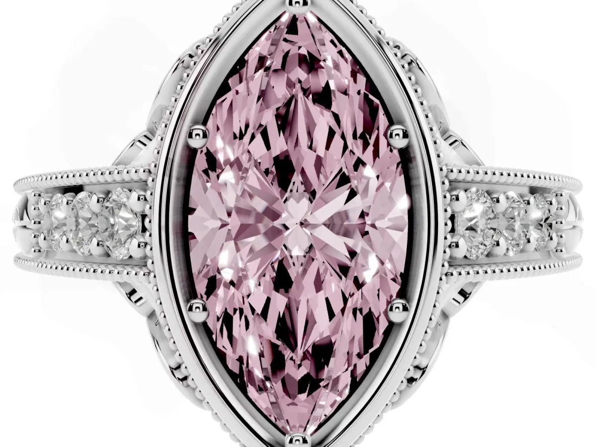 Fancy Pink Bezel Set Marquise Cut Diamond Milgrain Pave Engagement Ring Silver
