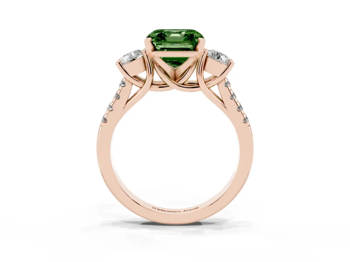 Fancy Green Three-Stone Asscher Cut Diamond Pavé Band with Four-Prong Setting Rose gold