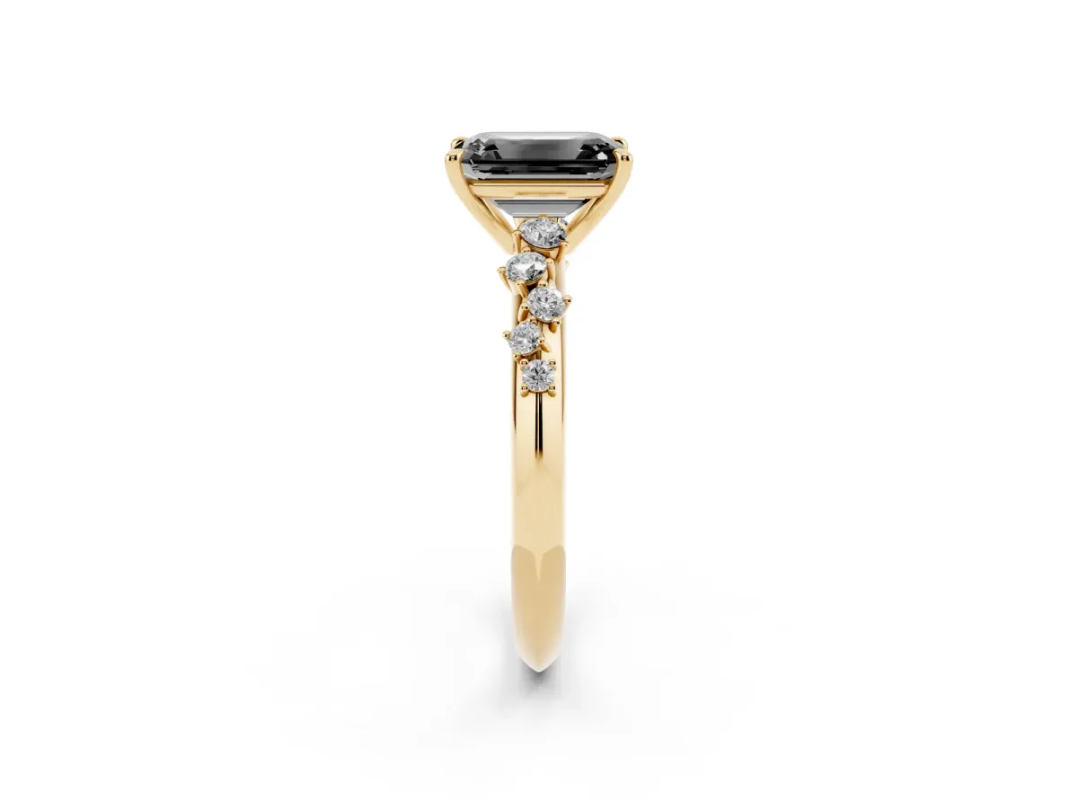 Fancy Black Emerald Cut Diamond Cluster Side Stone Solitaire Ring with Prong Setting Yellow gold