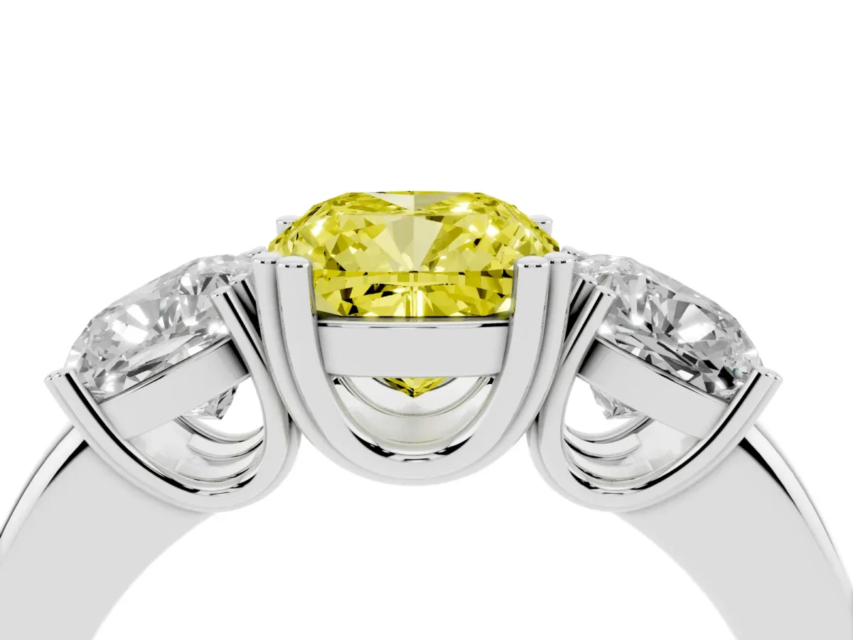 Fancy Yellow Three-Stone Cushion Cut Cut Diamond Ring with Channel Set Band and Four-Prong Setting Silver
