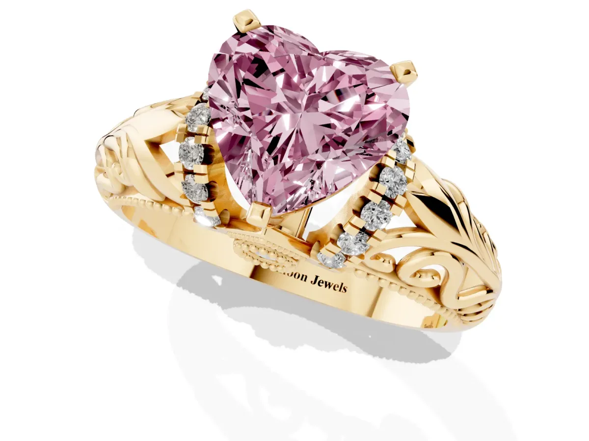 Fancy Pink Heart Cut Solitaire Filigree Engagement Ring with Halo and Prong Setting Yellow gold