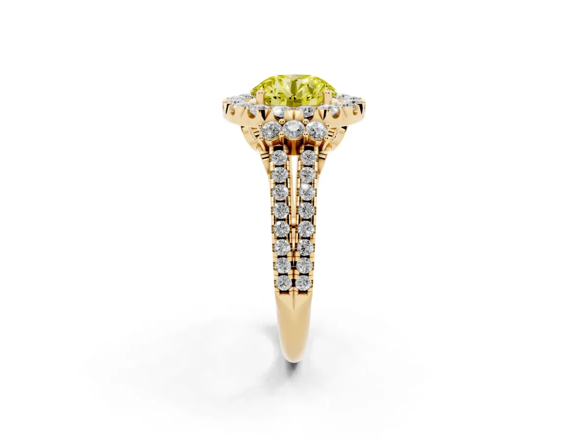 Fancy Yellow Round Cut Cut Double Halo Diamond Engagement Ring with Pave Band and Four-Prong Setting Yellow gold