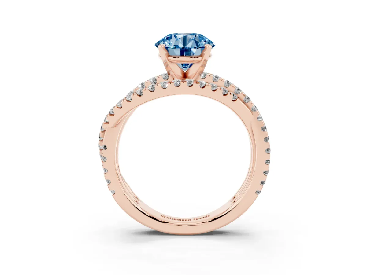 Fancy Blue Round Cut Solitaire Twist Band with Pavé Setting and Four-Prong Setting Rose gold