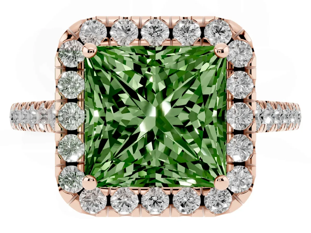Fancy Green Princess Cut Halo Pave Diamond Engagement Ring with Four-Prong Setting Rose gold