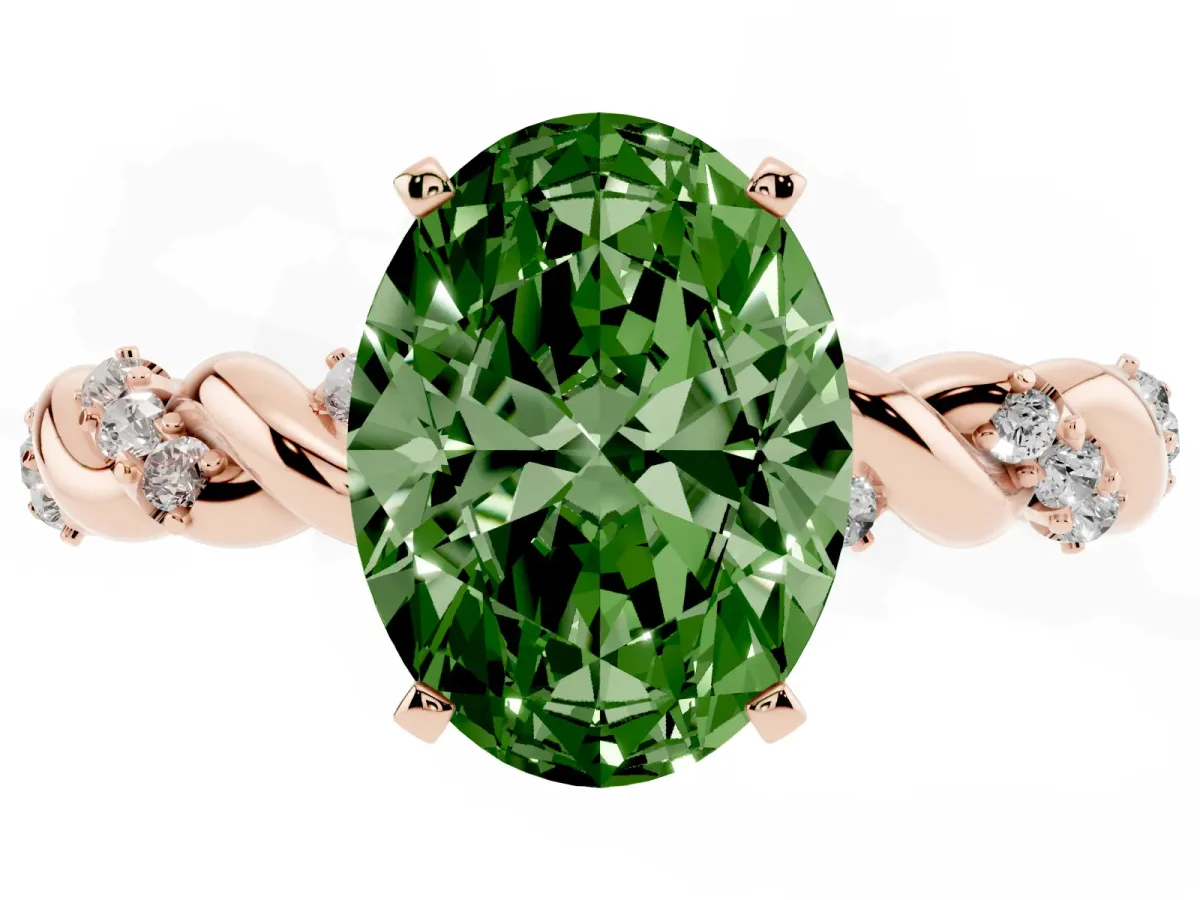 Fancy Green Oval Cut Diamond Solitaire Ring with Twisted Band and Pavé Accents Rose gold