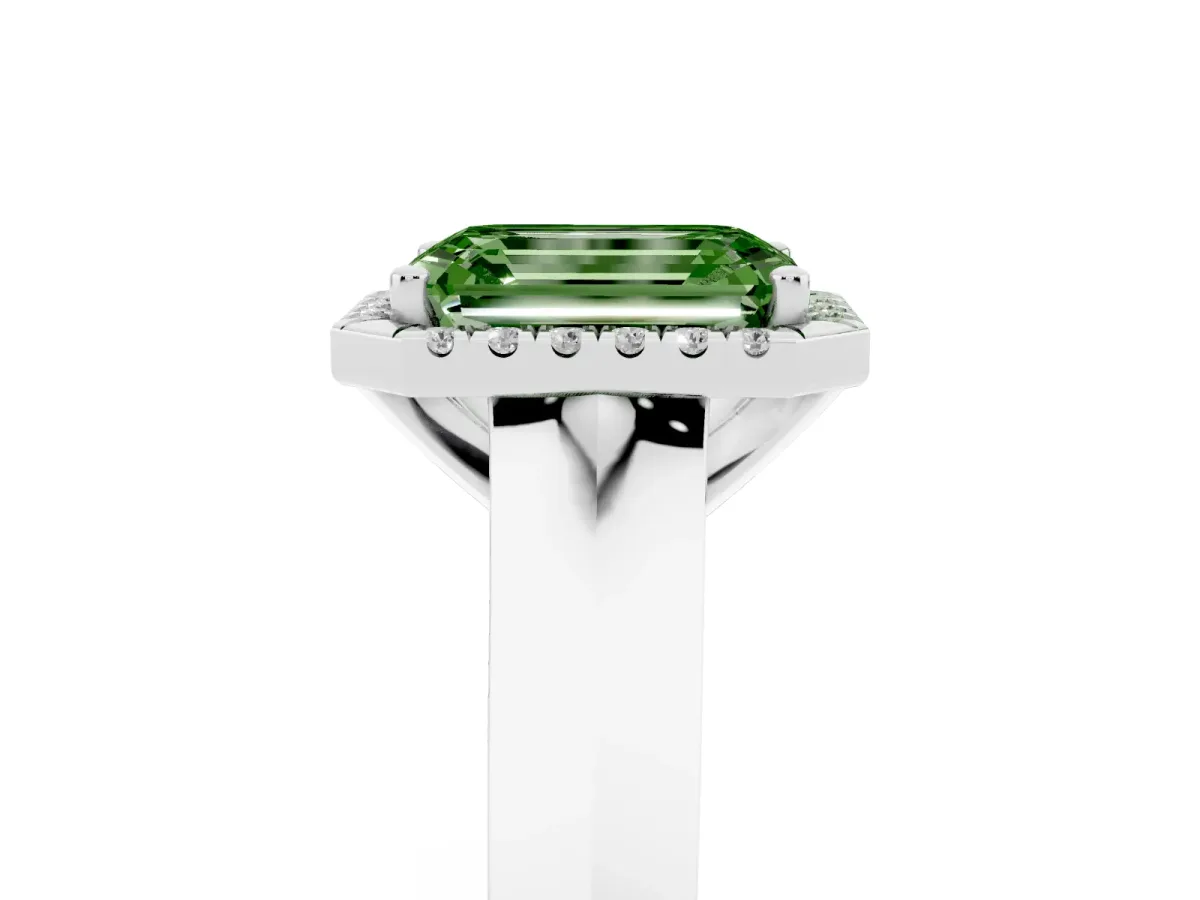 Fancy Green Emerald Cut Halo Diamond Ring with Cathedral Band and Four-Prong Setting Platinum