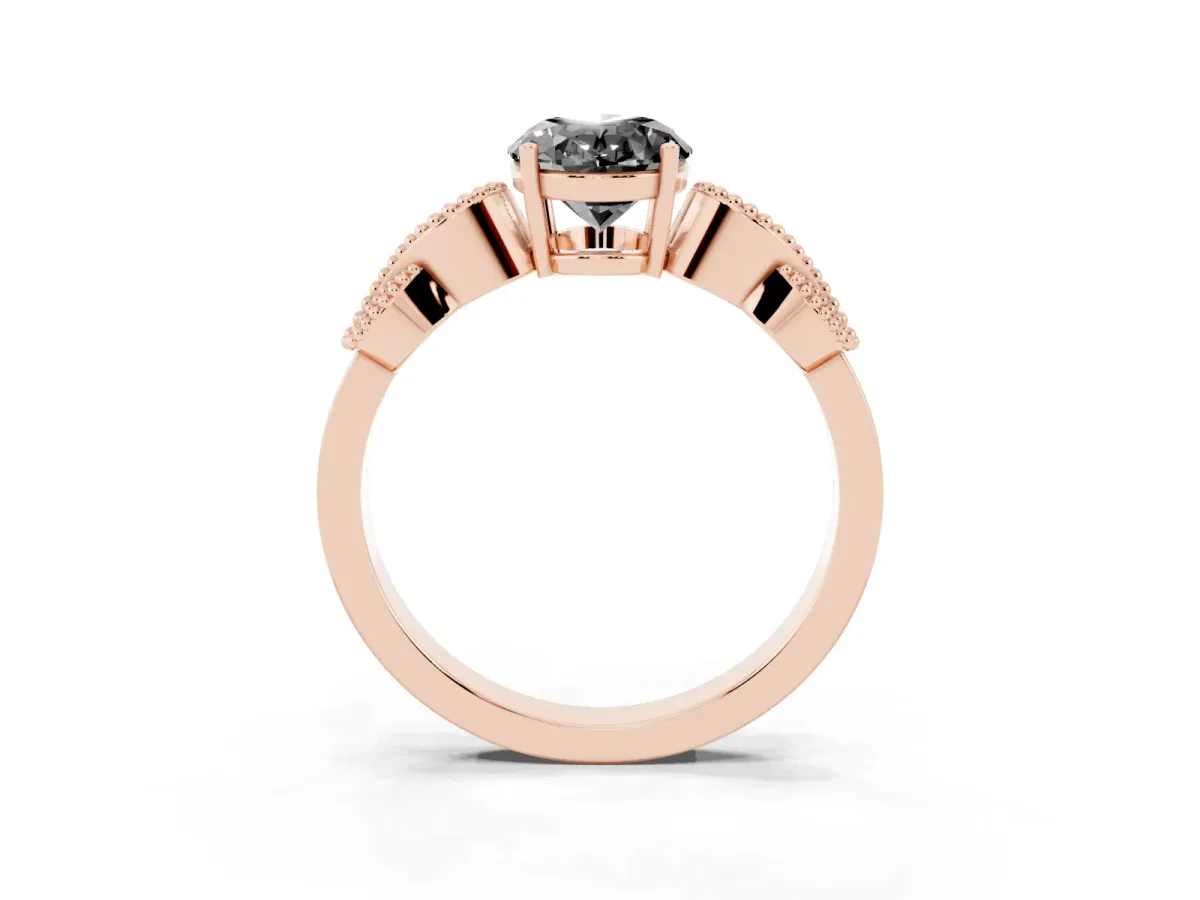 Fancy Black Oval Cut Solitaire Milgrain Leaf Band with Prong Setting Rose gold