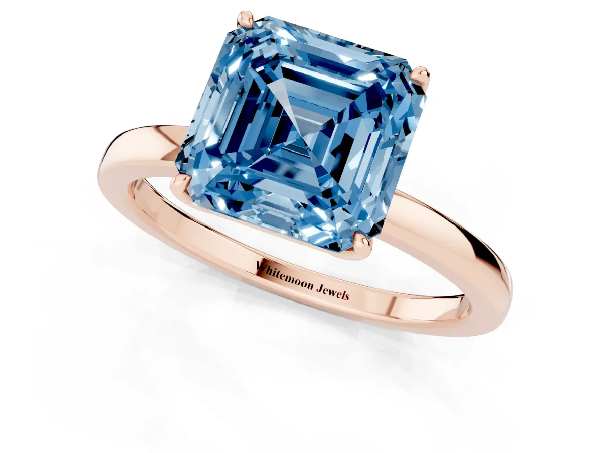 Fancy Blue Asscher Cut Diamond Solitaire Ring with Thin Band and Prong Setting Rose gold