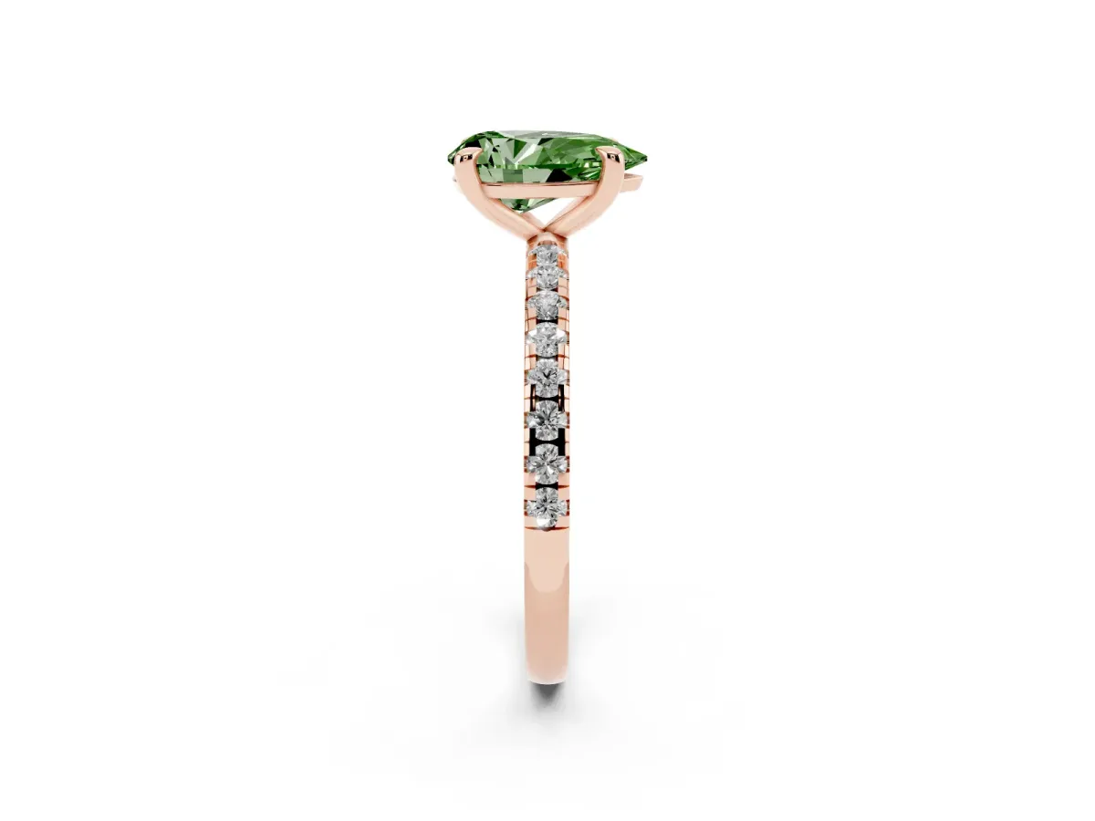 Fancy Green Pear Cut Diamond Brilliant Solitaire Ring with Pavé Band and Four-Prong Setting Rose gold