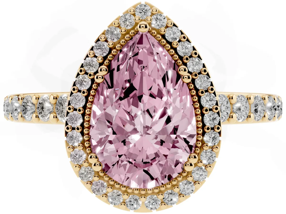 Fancy Pink Pear Cut Cut Diamond Halo Engagement Ring with Milgrain Detail and Pavé Band Yellow gold