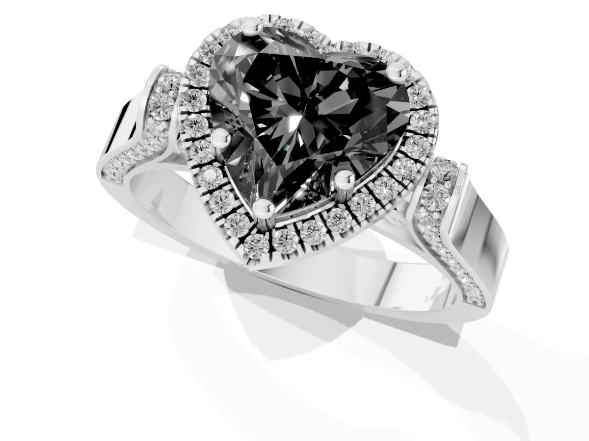 Fancy Black Heart Cut Halo Round Diamond Twist Band with Four-Prong Setting Platinum