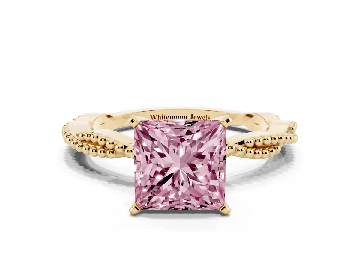 Fancy Pink Princess Cut Solitaire Twisted Band with Bead Prong Setting Yellow gold