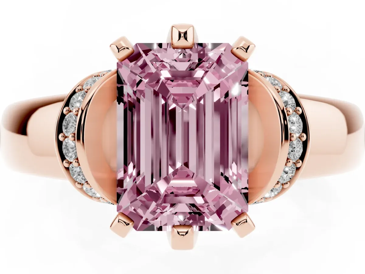 Fancy Pink Emerald Cut Solitaire Diamond Ring with Pave Band and Six-Prong Setting Rose gold