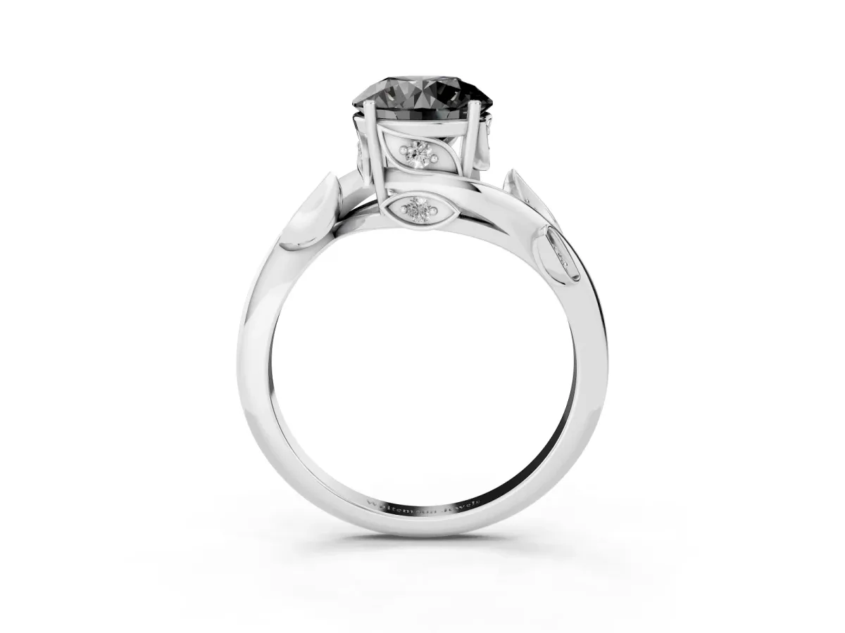 Fancy Black Round Cut Solitaire Twist Engagement Ring with Leaf Accents and Prong Setting Silver