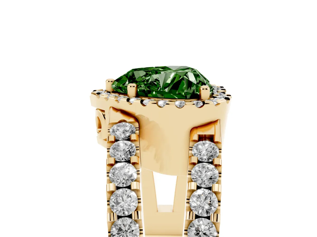 Fancy Green Heart Cut Cut Halo Split Shank Diamond Ring with Four-Prong Setting Yellow gold