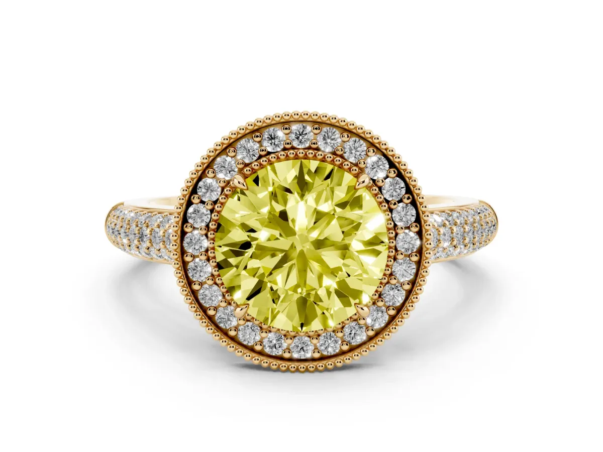 Fancy Yellow Round Cut Cut Halo Diamond Pave Band with Four-Prong Setting Yellow gold