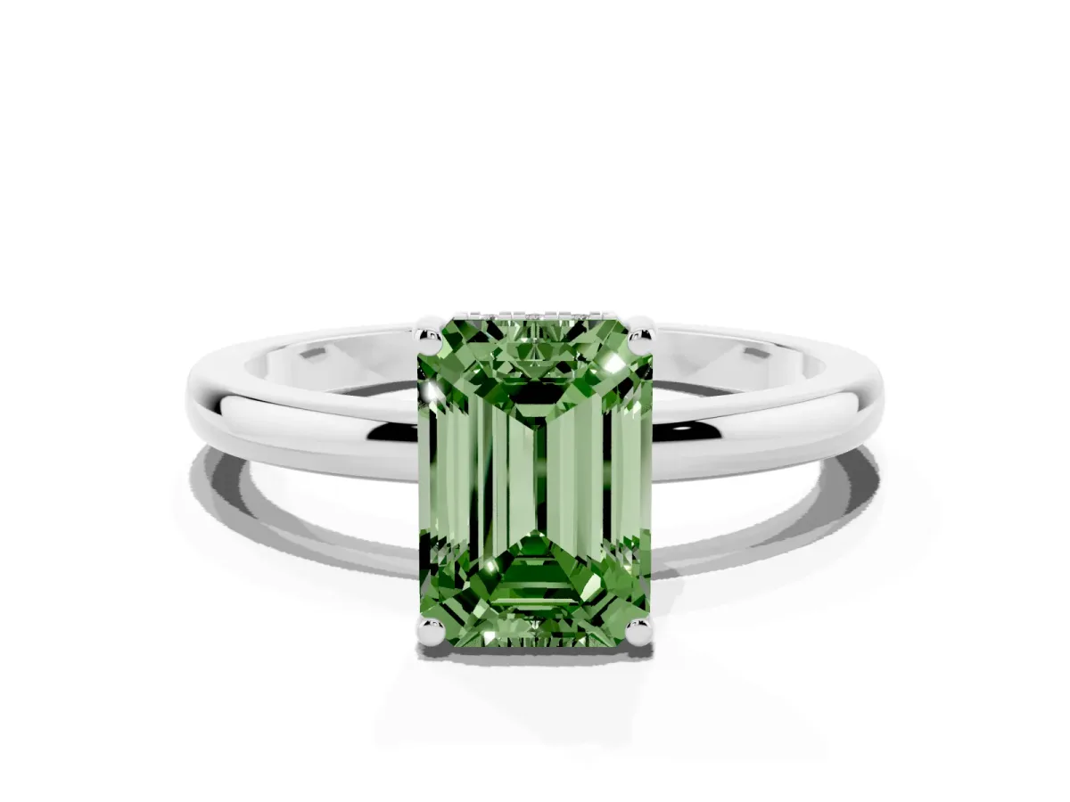 Fancy Green Emerald Cut Solitaire Diamond Ring with Prong Setting and Plain Band Silver