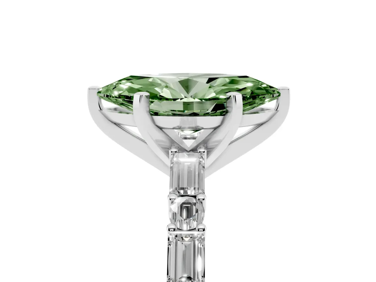 Fancy Green Marquise Cut Diamond Solitaire with Side Baguettes and Channel Set Band Platinum