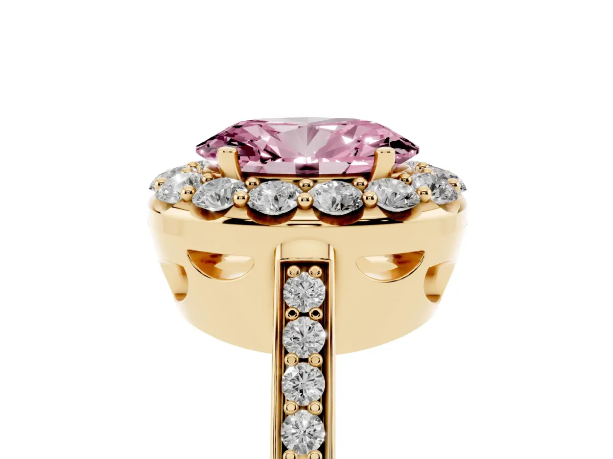 Fancy Pink Oval Cut Diamond Floral Halo Ring with Pavé Band and Prong Setting Yellow gold