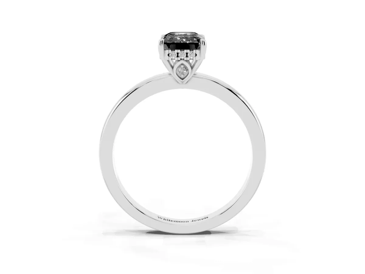 Fancy Black Emerald Cut Solitaire Diamond Ring with Prong Setting and Plain Band Silver