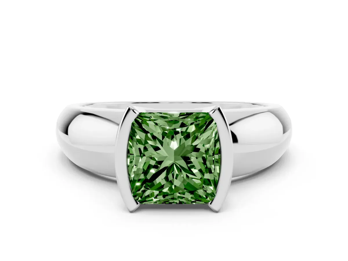 Fancy Green Princess Cut Solitaire Tension Set Diamond Ring with Wide Band Silver