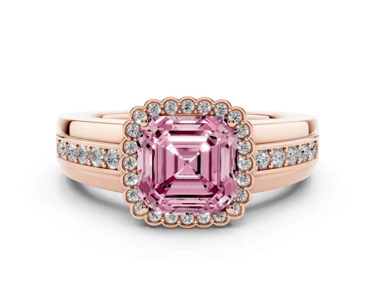 Fancy Pink Asscher Cut Cut Halo Pave Band Four-Prong Ring Rose gold