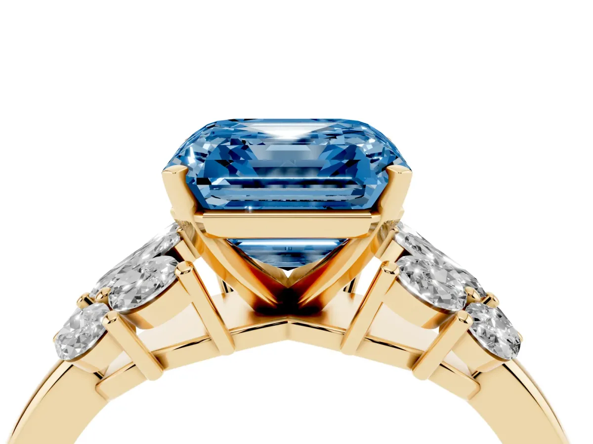 Fancy Blue Asscher Cut Diamond Cluster Leaf Design Ring with Prong Setting Yellow gold