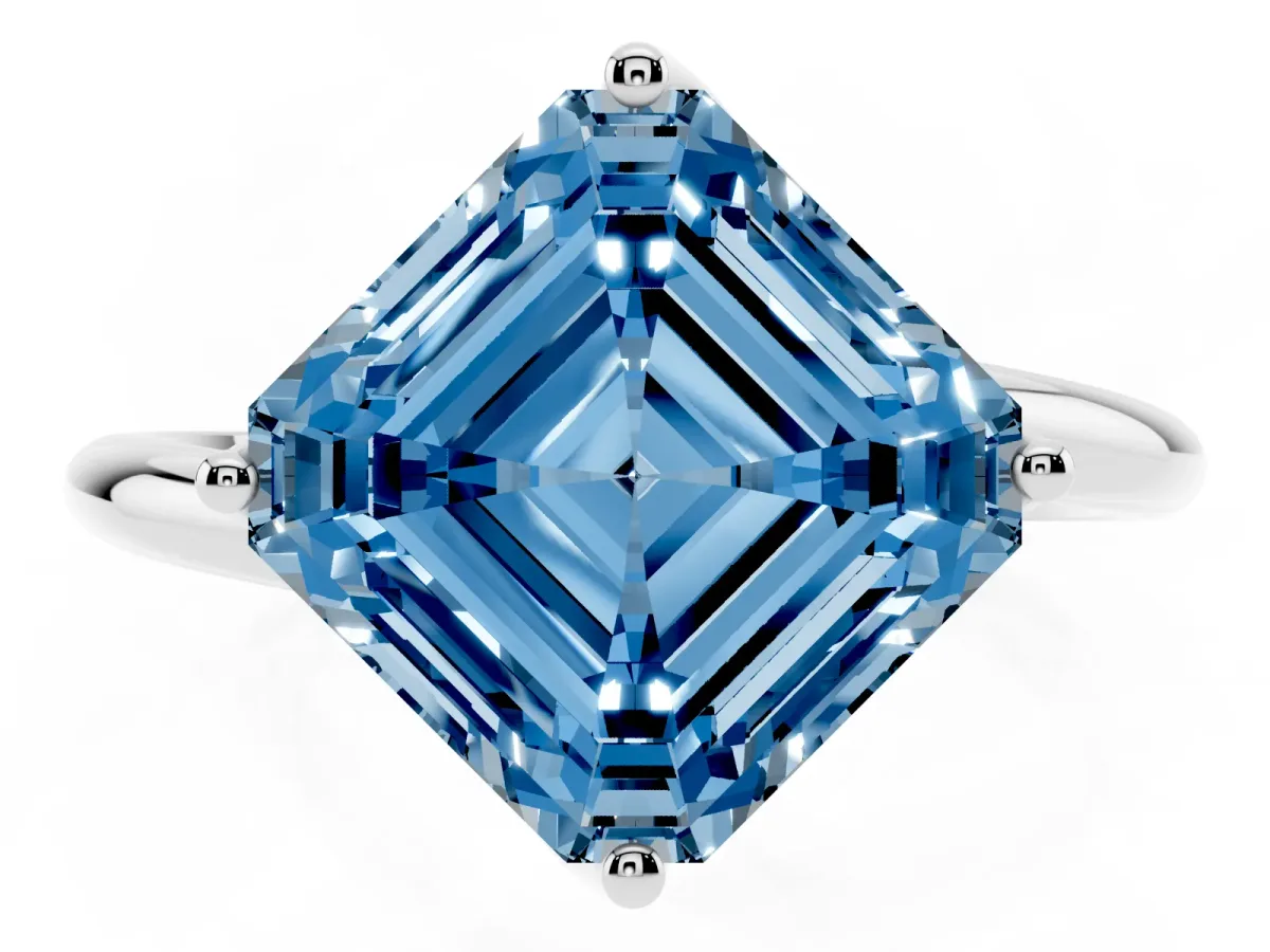 Fancy Blue Asscher Cut Diamond Solitaire Engagement Ring with Four-Prong Setting and Classic Band White gold