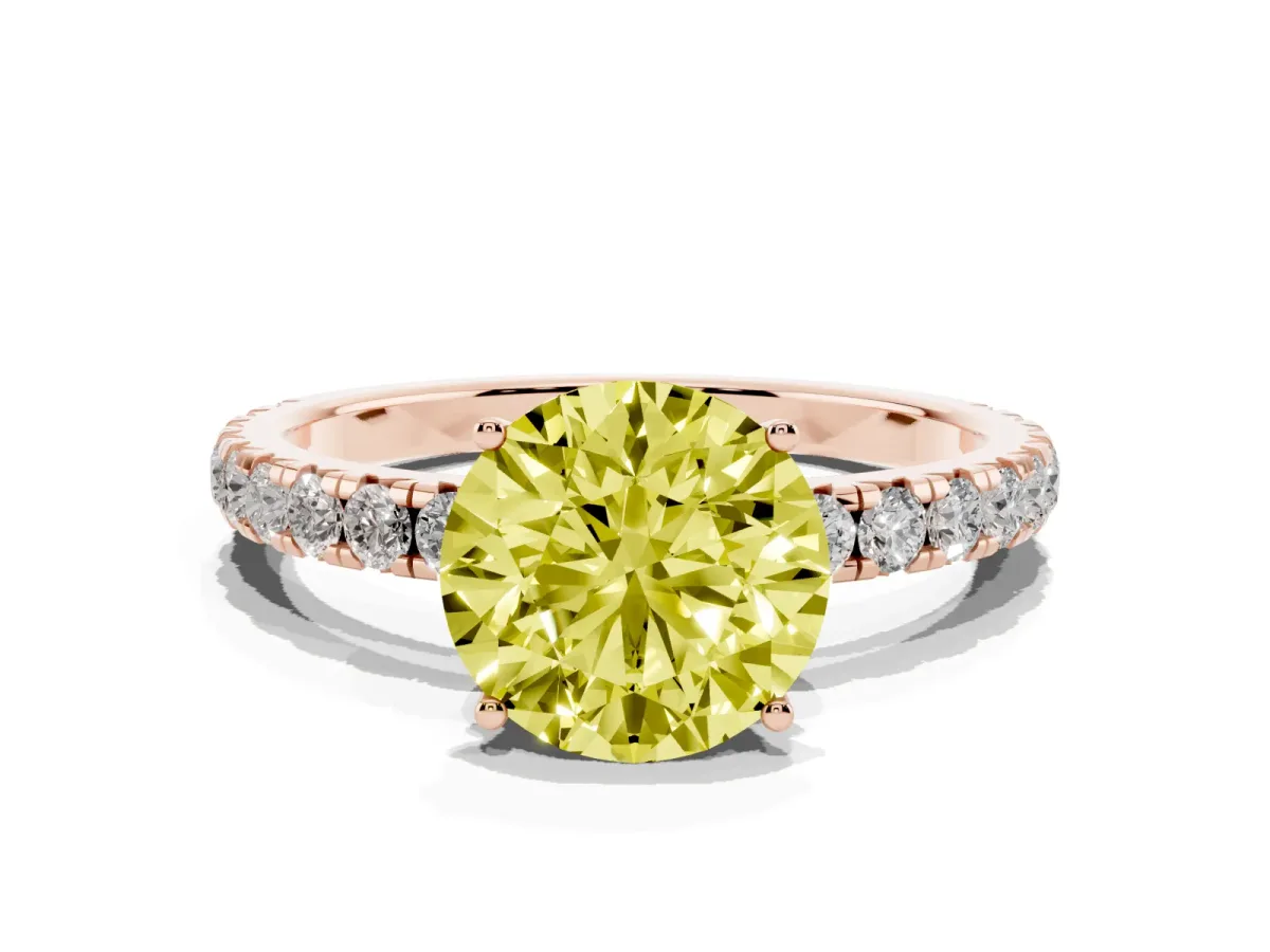 Fancy Yellow Round Cut Diamond Pavé Solitaire Engagement Ring with Four-Prong Setting Rose gold