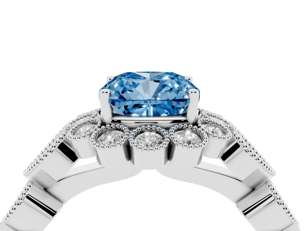 Fancy Blue Cushion Cut Brilliant Milgrain Pave Heart Band Solitaire Ring Platinum