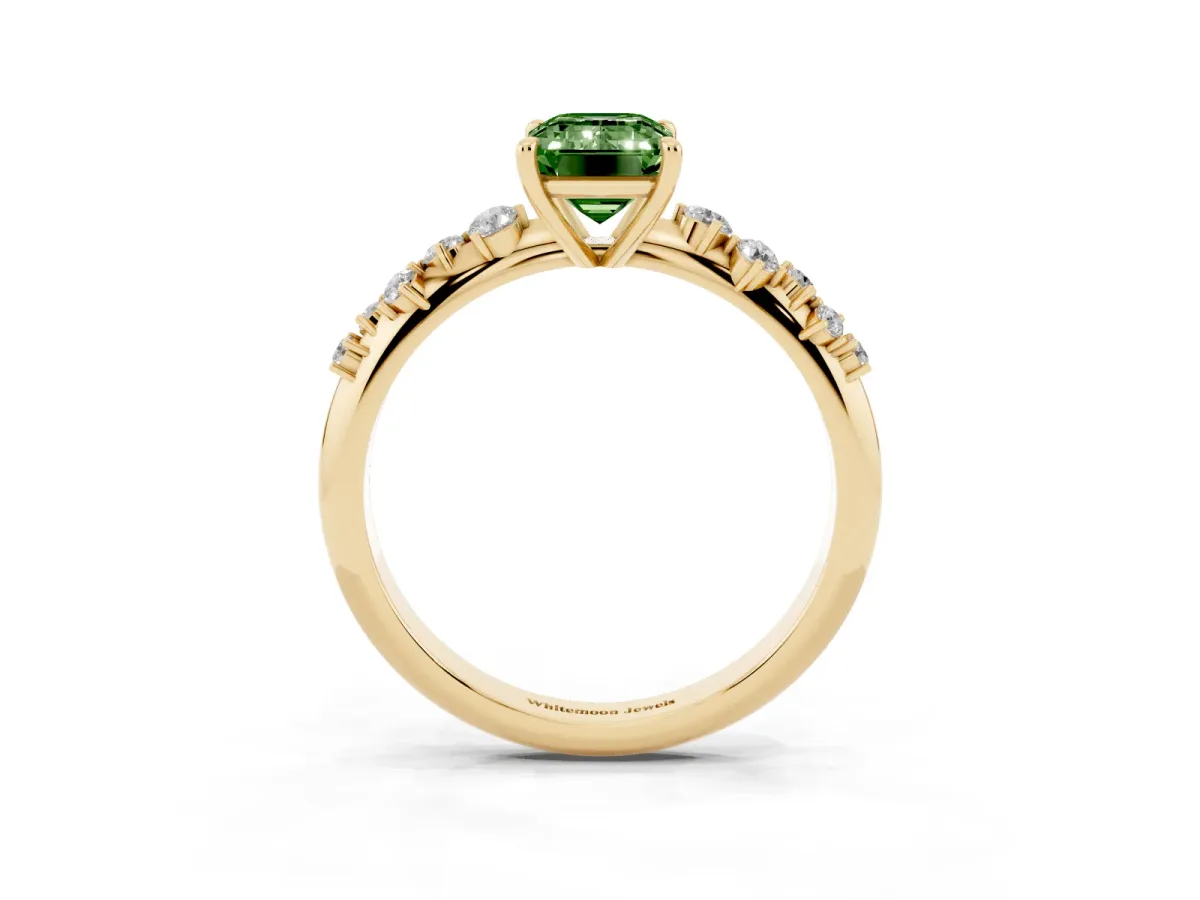 Fancy Green Emerald Cut Diamond Cluster Side Stone Solitaire Ring with Prong Setting Yellow gold