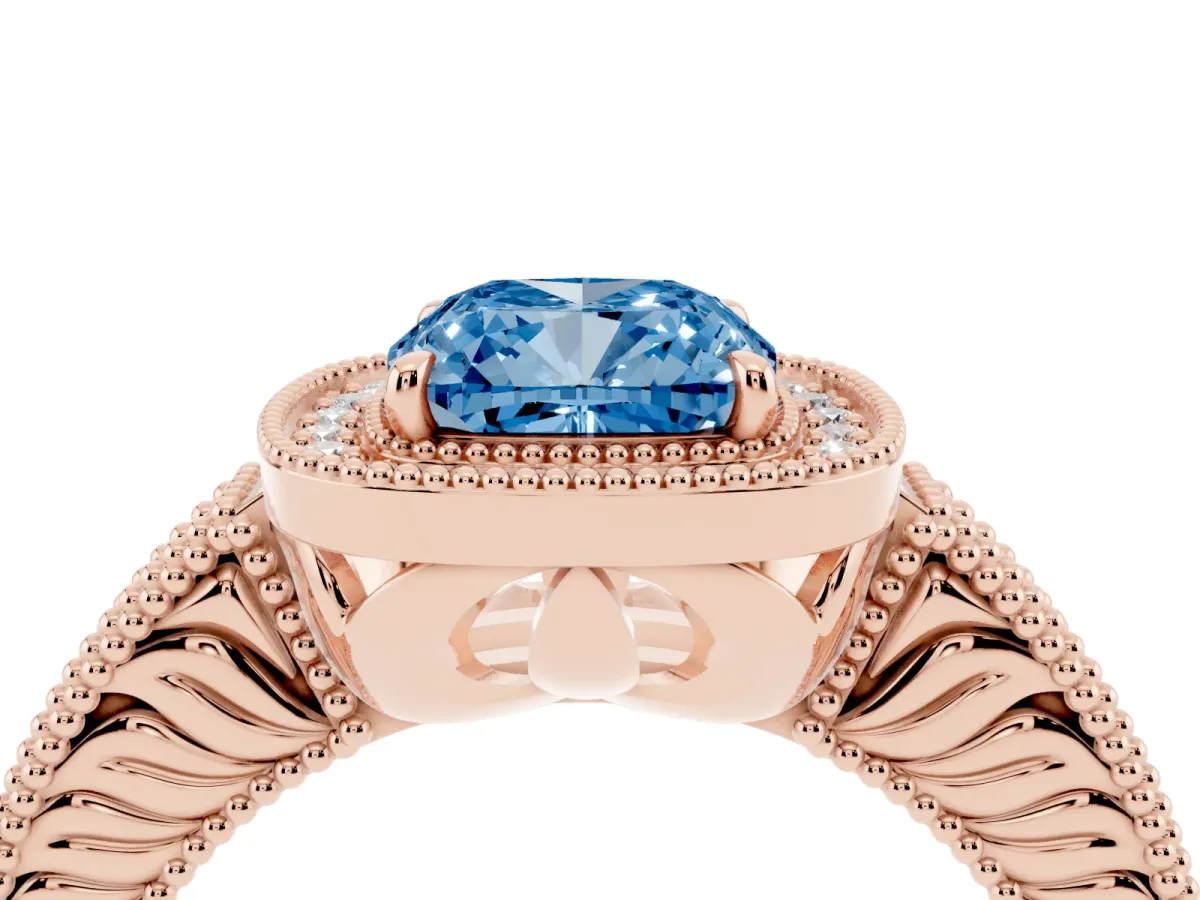 Fancy Blue Cushion Cut Cut Halo Diamond Ring with Pavé Band and Four-Prong Setting Rose gold