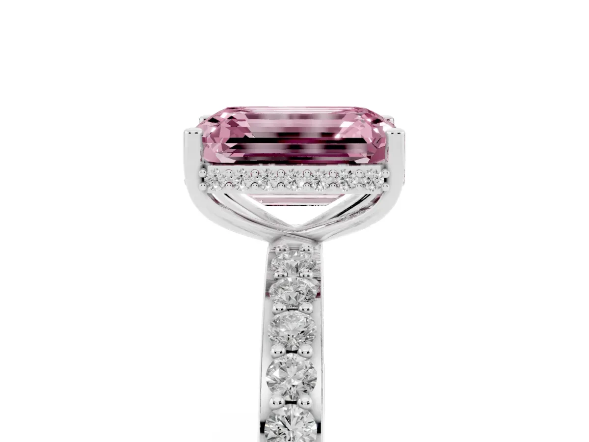 Fancy Pink Emerald Cut Diamond Solitaire Ring with Pavé Band and Hidden Halo Silver