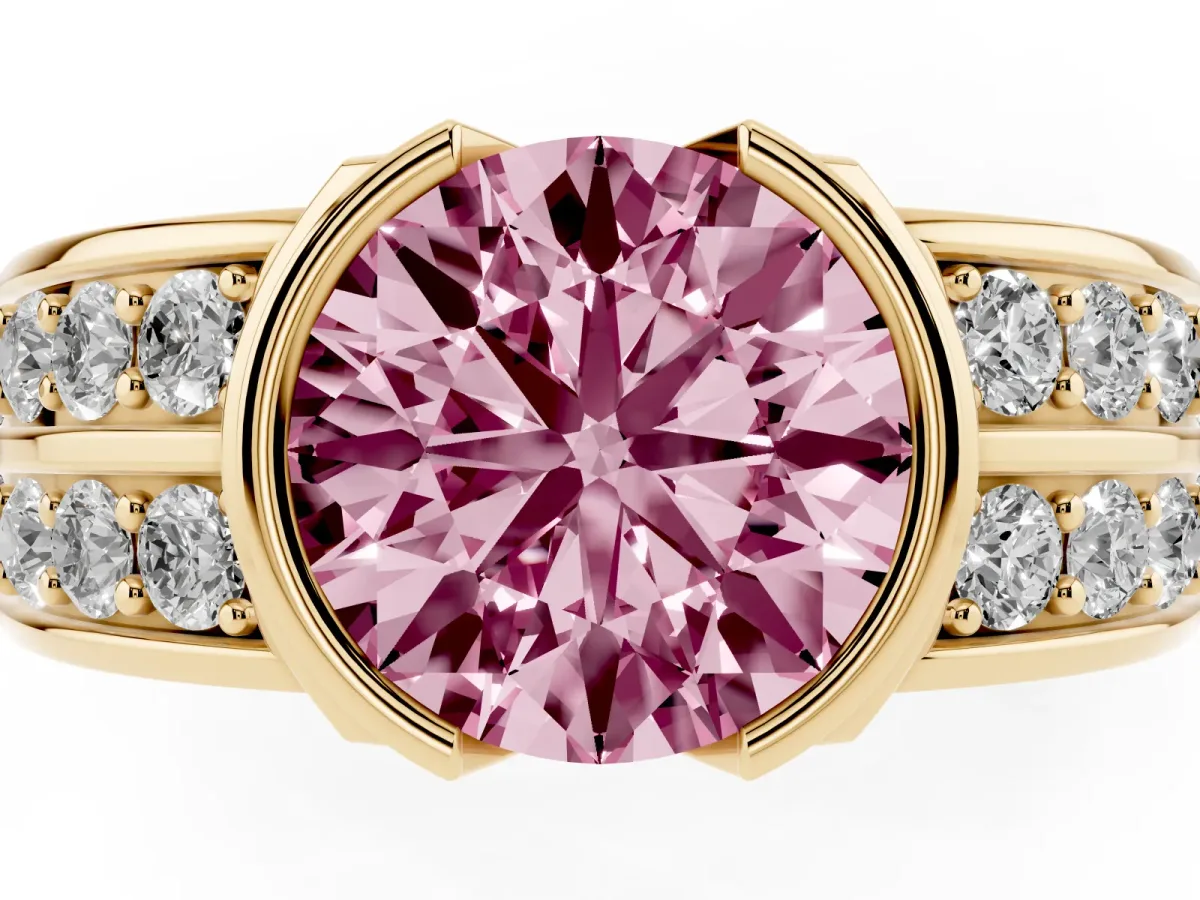 Fancy Pink Round Cut Brilliant Diamond Channel Set Wide Band Ring with Bezel Setting Yellow gold
